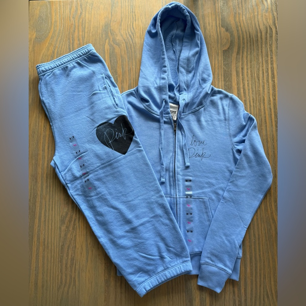 NWT 2013 Victoria’s Secret PINK Blue Heart Logo Cropped Jogger Zip Hoodie Set XS